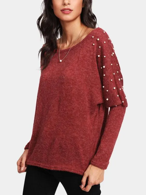 Wholesale Rust Round Neck One Shoulder Long Sleeve Handmade Beaded Top