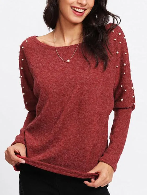 Wholesale Rust Round Neck One Shoulder Long Sleeve Handmade Beaded Top