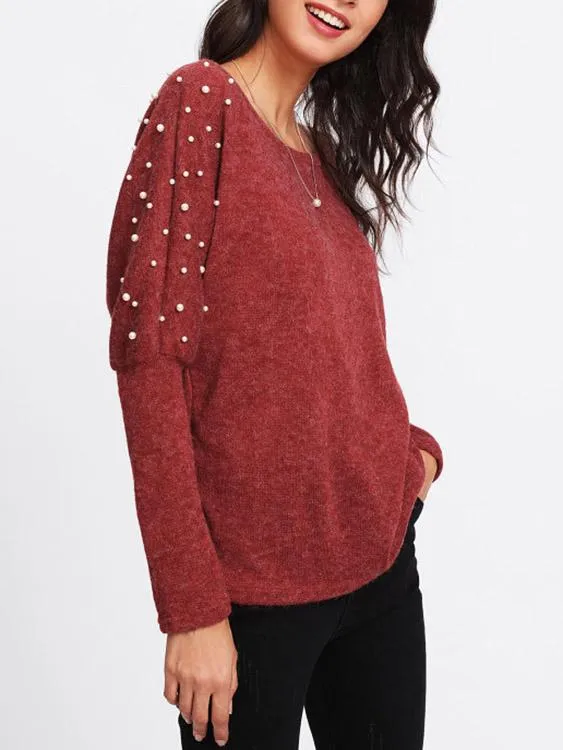 Wholesale Rust Round Neck One Shoulder Long Sleeve Handmade Beaded Top