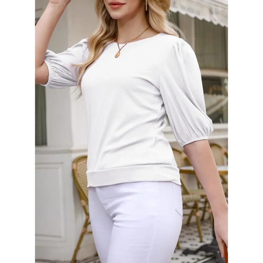 Women's Trendy Puff-Sleeve Top - Soft & Breathable Slim Fit-White