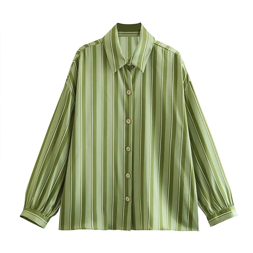 xakxx- New Women's  Temperament Fashion Versatile Casual Long Sleeve Polo Shirt Front Button Closed Stripe Loose Fit Shirt