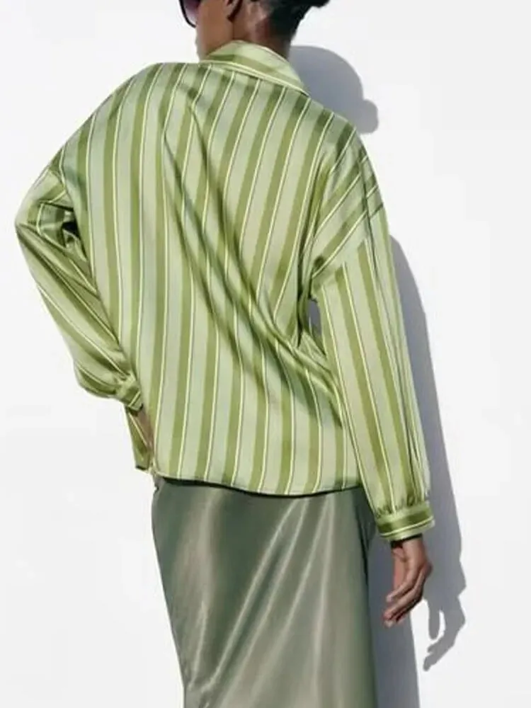 xakxx- New Women's  Temperament Fashion Versatile Casual Long Sleeve Polo Shirt Front Button Closed Stripe Loose Fit Shirt