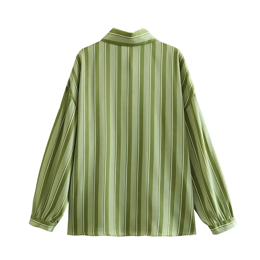 xakxx- New Women's  Temperament Fashion Versatile Casual Long Sleeve Polo Shirt Front Button Closed Stripe Loose Fit Shirt